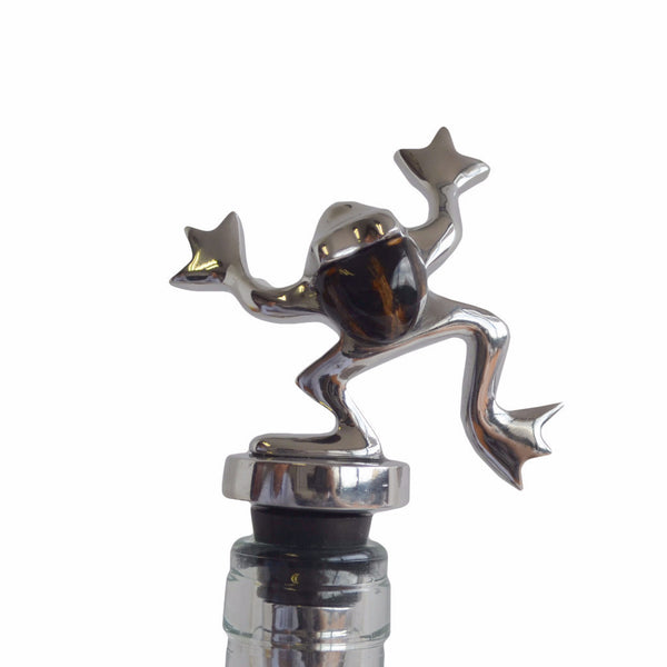 Frog Wine Stopper Handcrafted in Recycled Aluminum and Natural Inserts